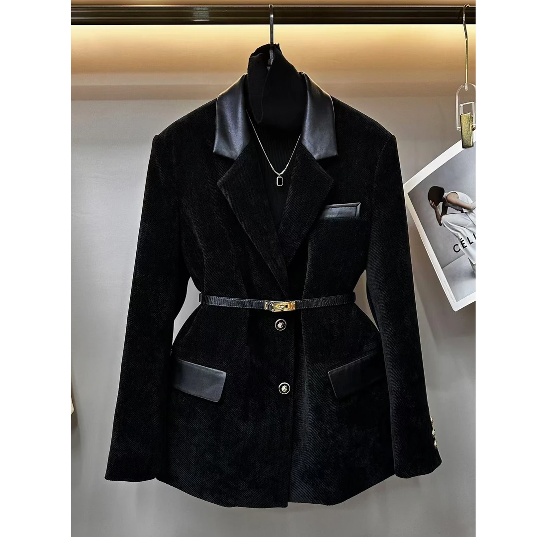 2025山海绒拼接皮质品质小众设计师时尚休闲百搭轻奢羽绒服送腰带