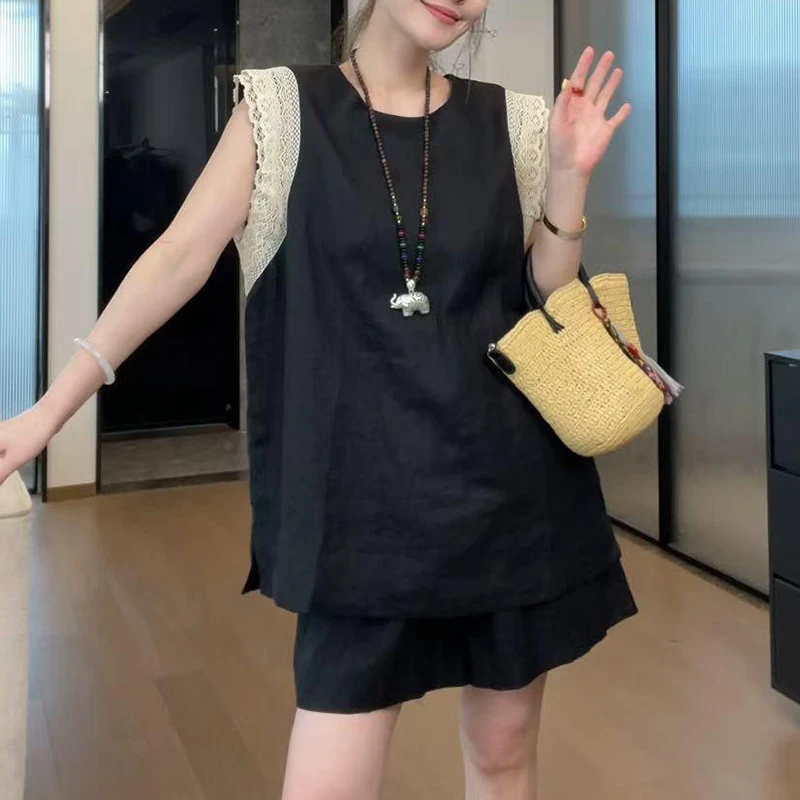 极简高级感气质套装女2025夏新款百搭双层蕾丝拼接袖上衣短裤套装