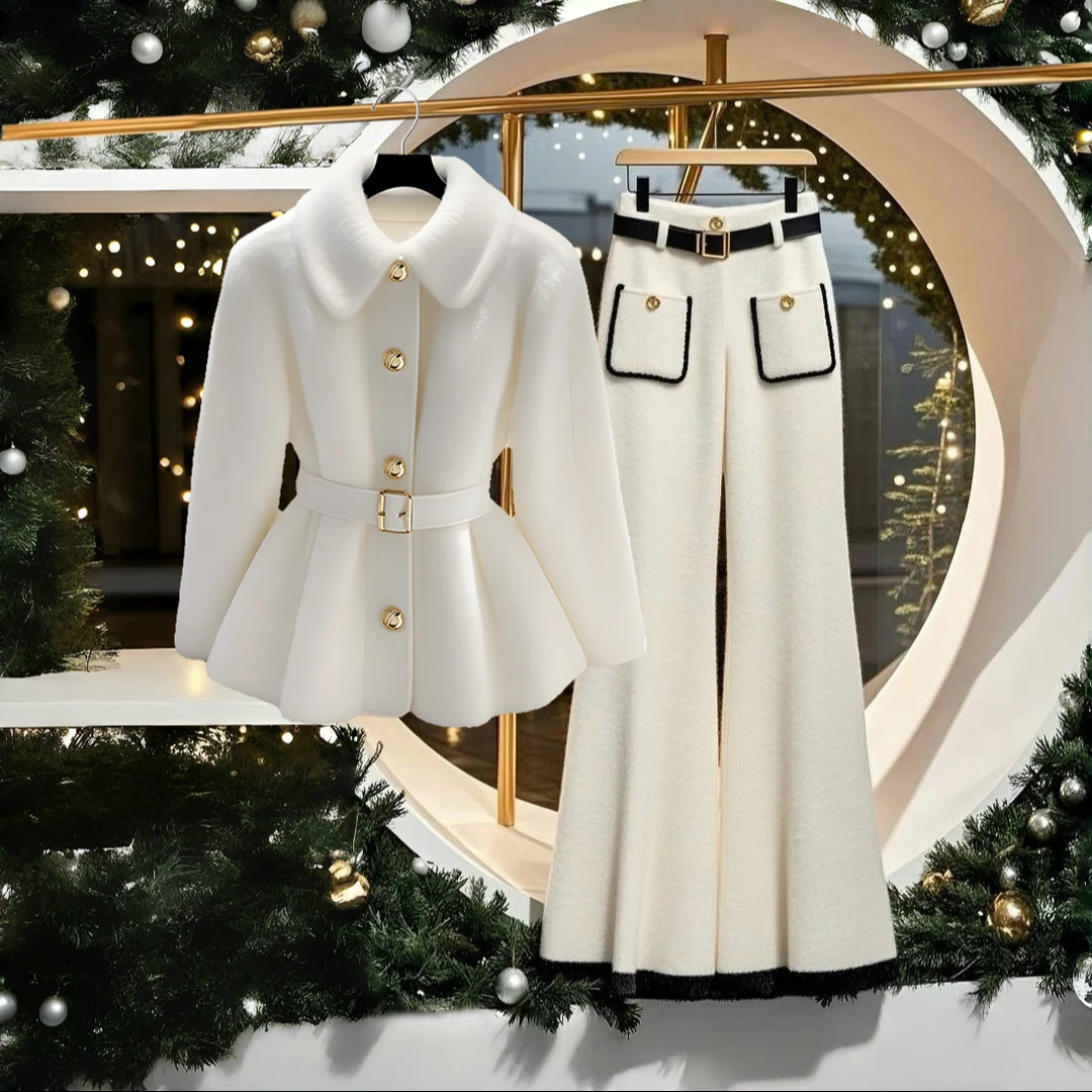 2024秋冬穿搭一整套小香风气质名媛外套高腰显瘦休闲阔腿直筒裤女