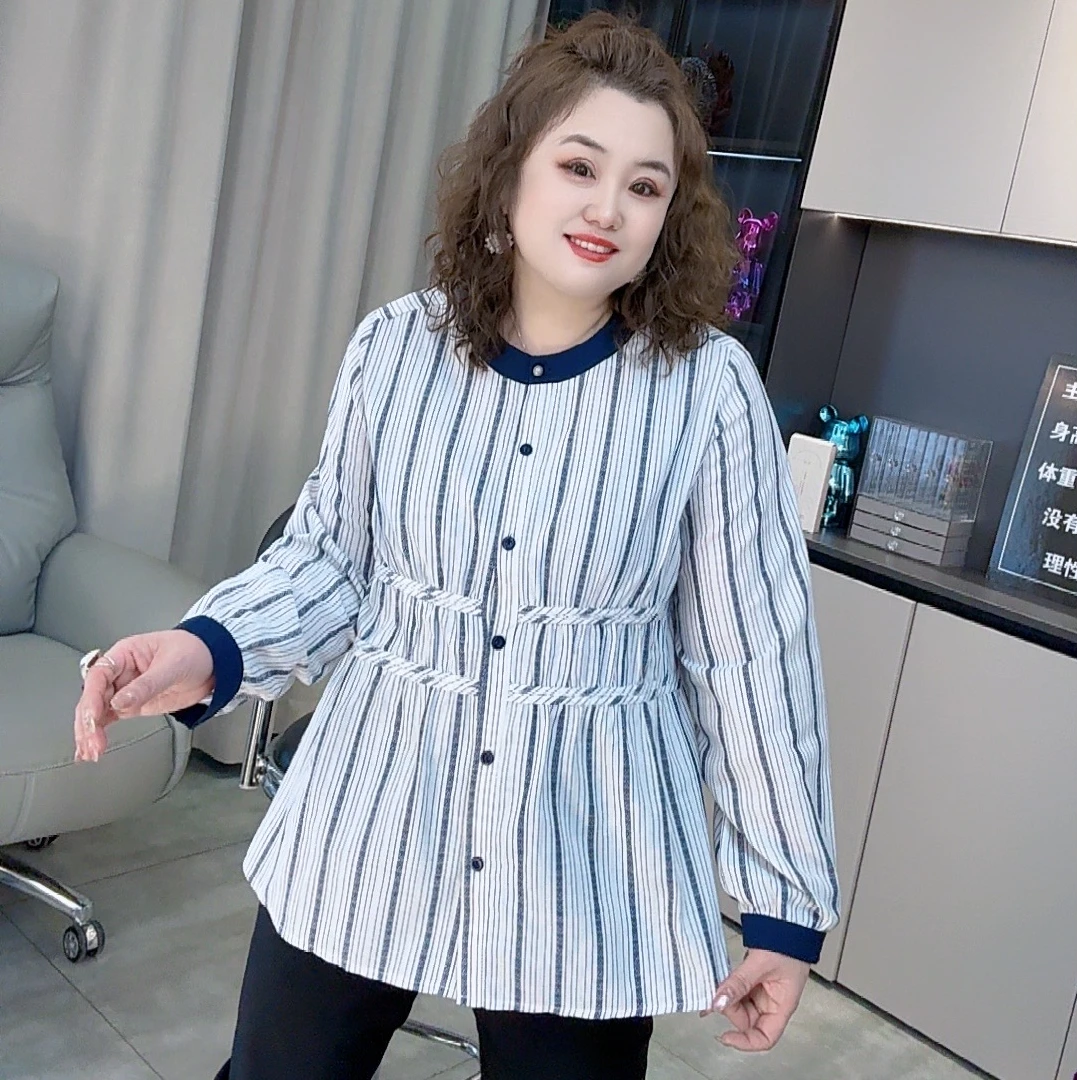 28651（丹姐家）拼色领收腰条纹上衣大码女装棉麻春款简约百搭上衣