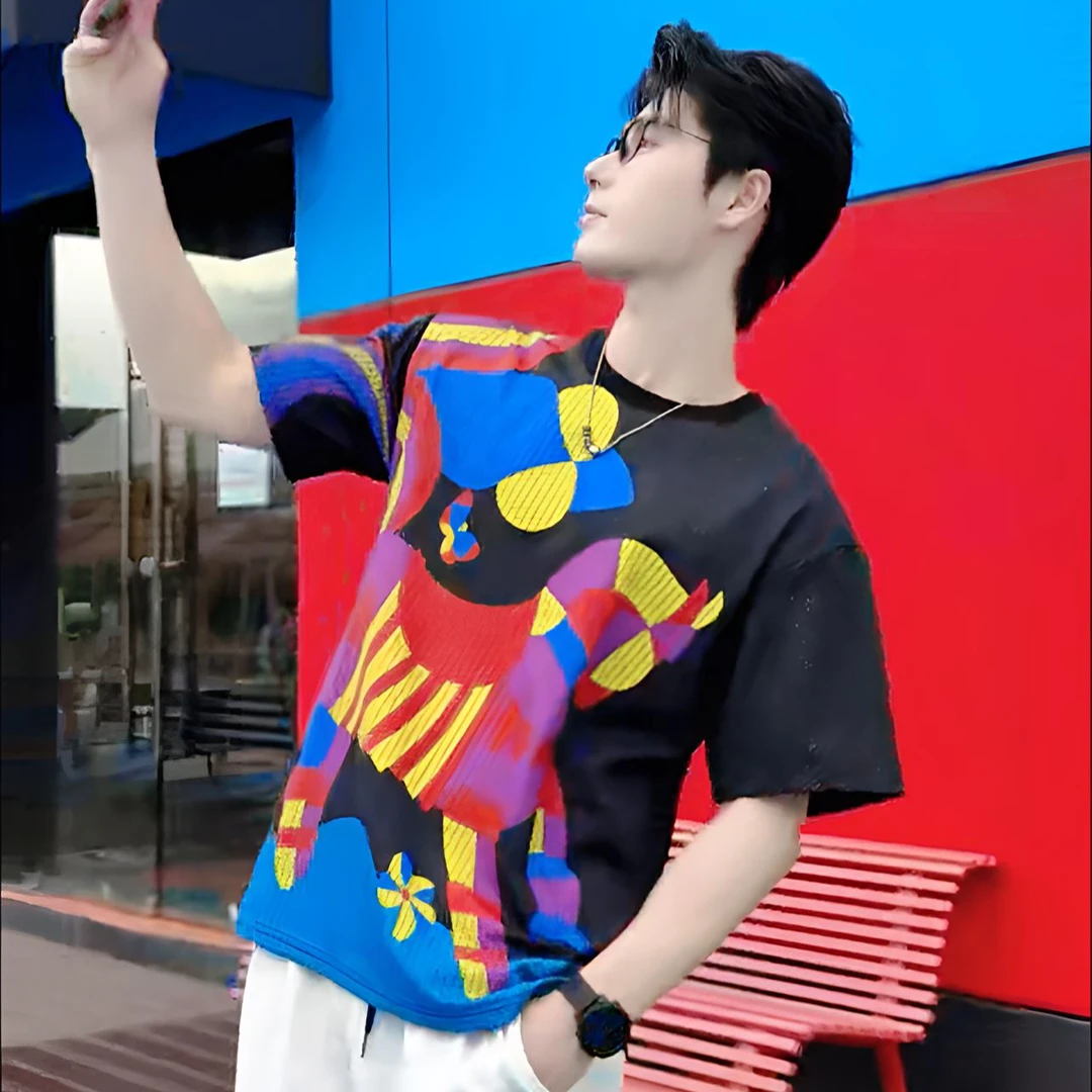 夏季动物图案短袖圆领印花T恤透气情侣休闲丁达尔风