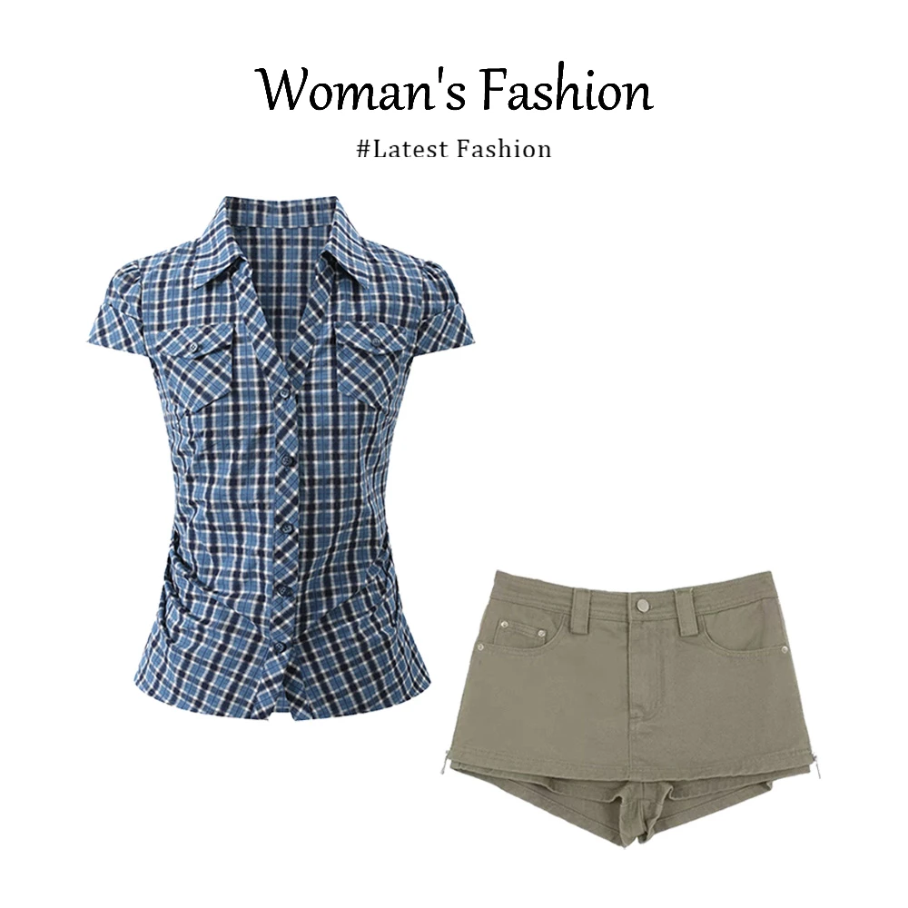 parkyeon美式2025夏季辣妹蓝色v领格子设计感小众收腰显瘦两件套