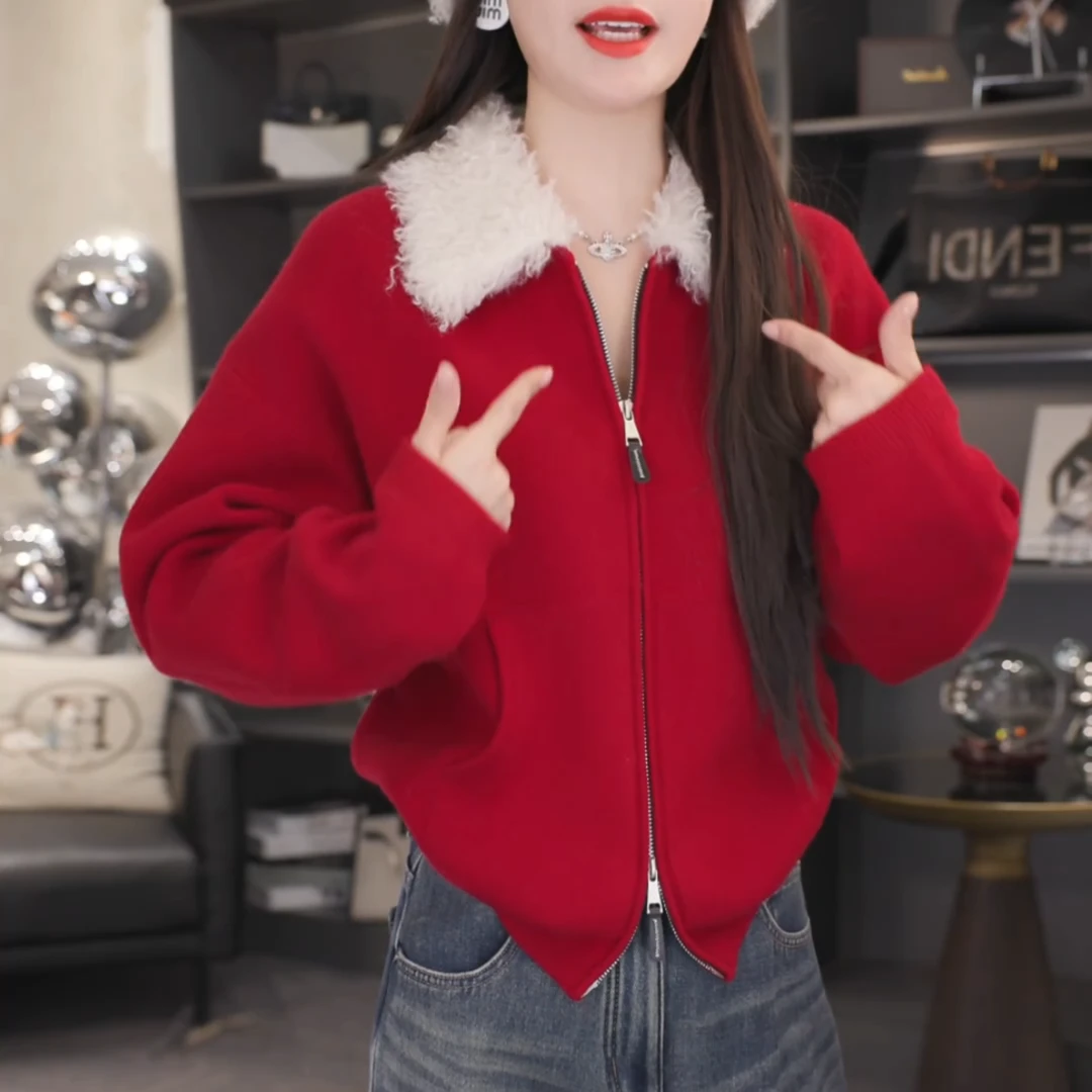 『开衫耀彩』2025新款冬季设计师毛领加厚针织外套上衣女LK2508900