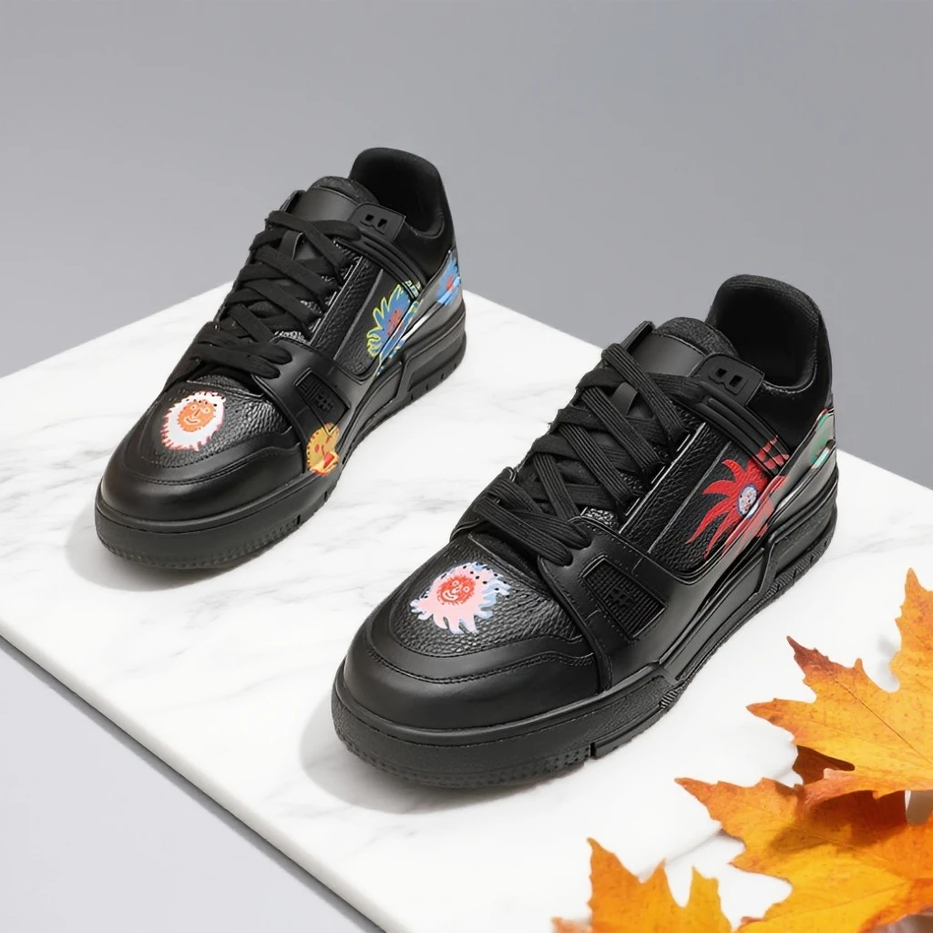 男厚底2025新款男士秋季轻奢时尚黑色太阳花潮流干净男鞋轻奢男鞋