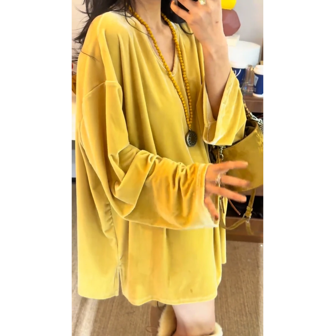 李豆儿  小众设计 大版纯色v领人丝绒长袖上衣
