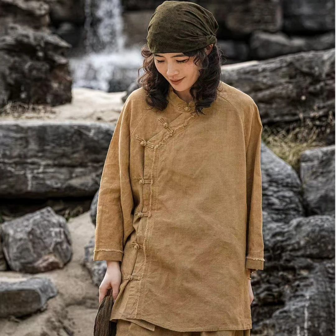 疯子张2025春款脏脏染盘扣中长款文艺复古斜襟衬衫08429