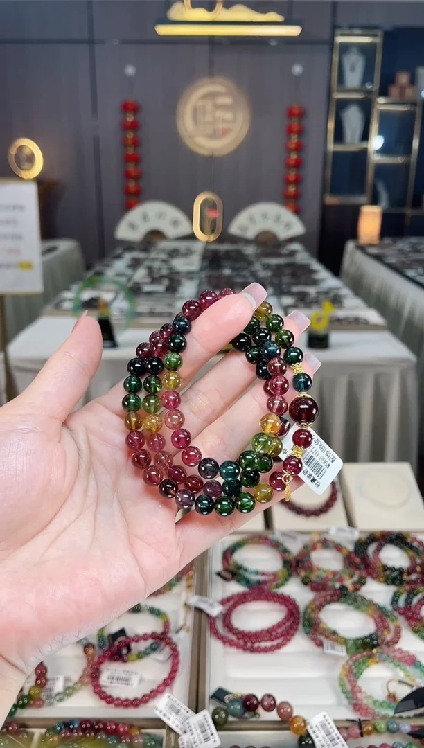 未镶嵌冰透净体老矿碧玺彩虹三圈手串7mm+碧玺hon多样性发一条