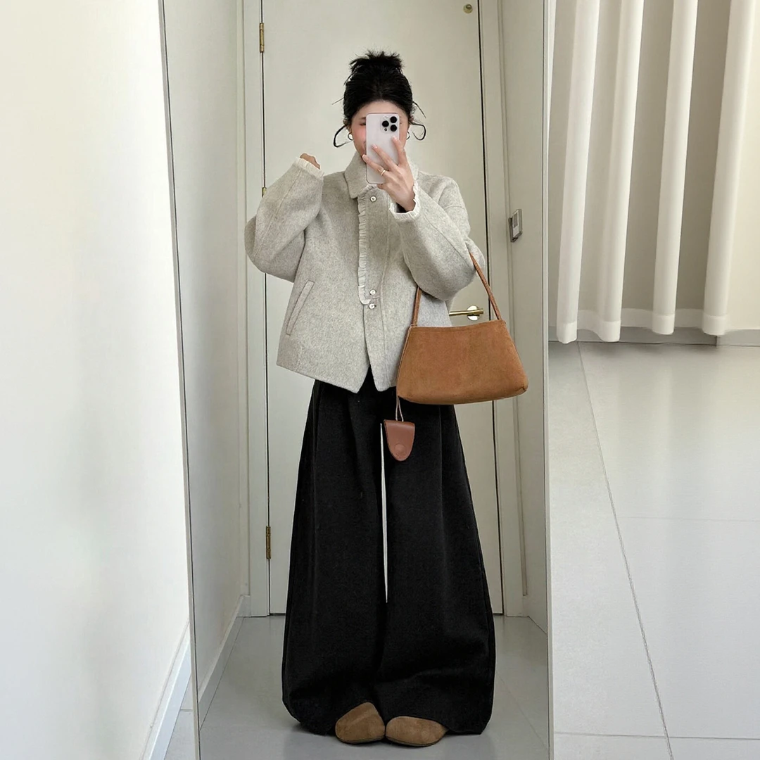 2025秋冬季新款韩系气质减龄蕾丝拼接毛呢外套休闲阔腿裤两件套女