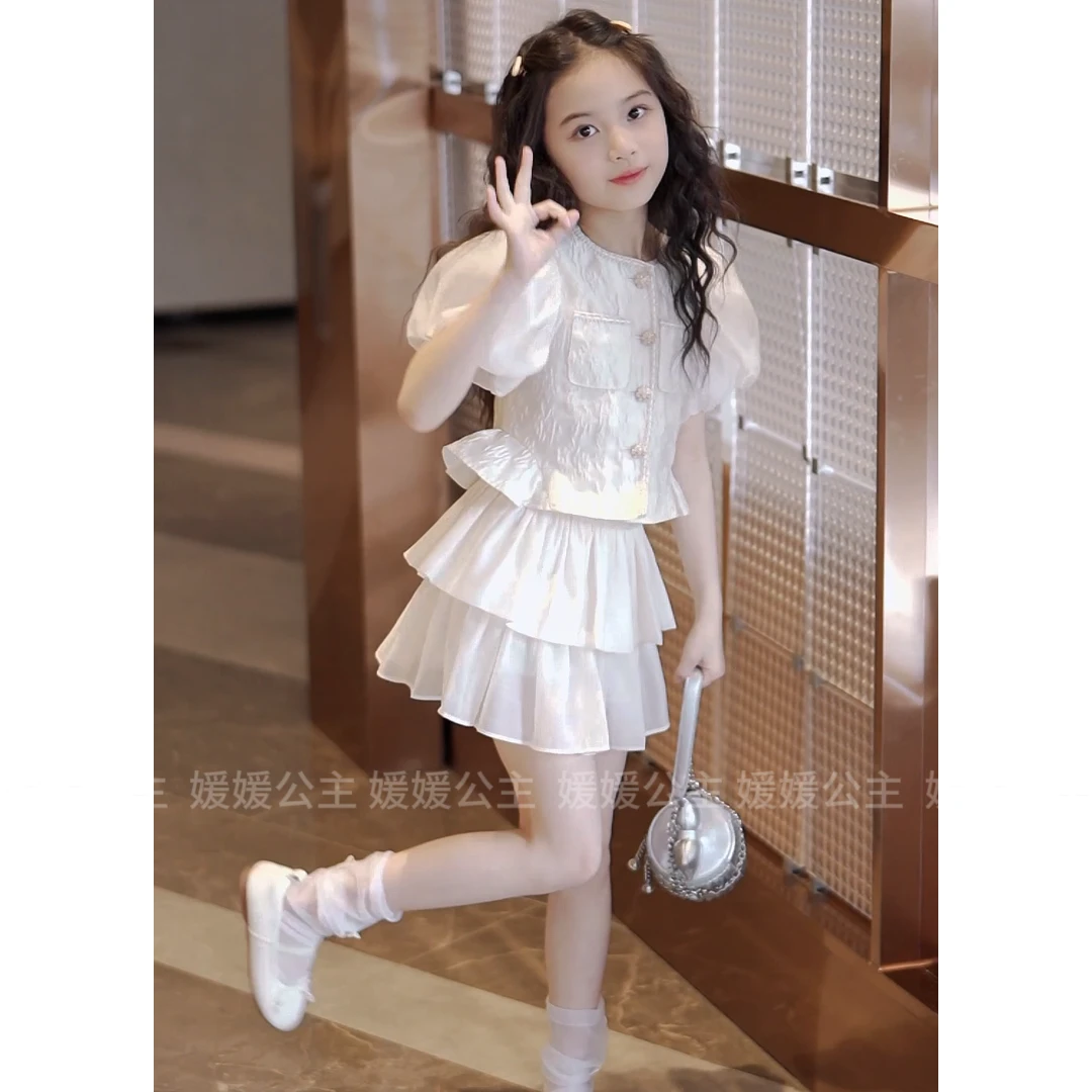 媛媛公主【云端童话】2025夏装女童中大童时尚T恤裙套装15253A104