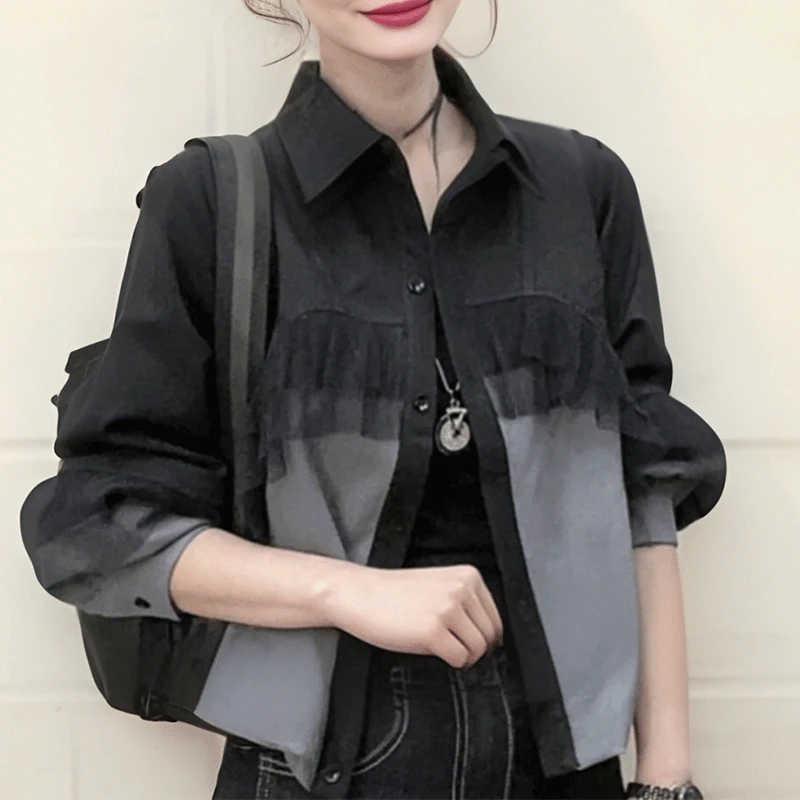 欧货拼接衬衣女2025春季新款洋气网纱设计气质减龄百搭小外套上衣