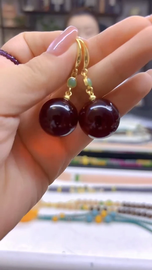 14K金镶嵌血珀耳饰DIY款E706