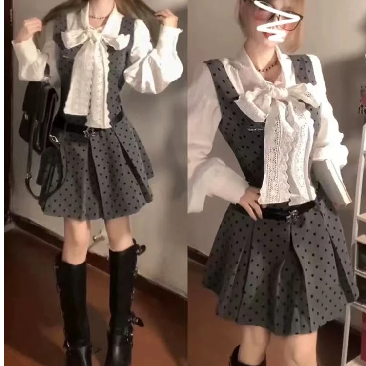 学院风波点背带连衣裙女秋冬季2025新款小香风法式衬衫气质套装