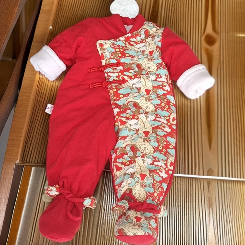 长袖哈衣爬服斜襟单排扣长爬冬季婴儿拜年服冬款女童