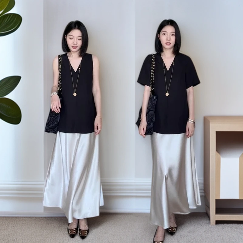 无袖套装亚麻法式V领显瘦上衣女夏季新款缎面气质时尚鱼尾半身裙