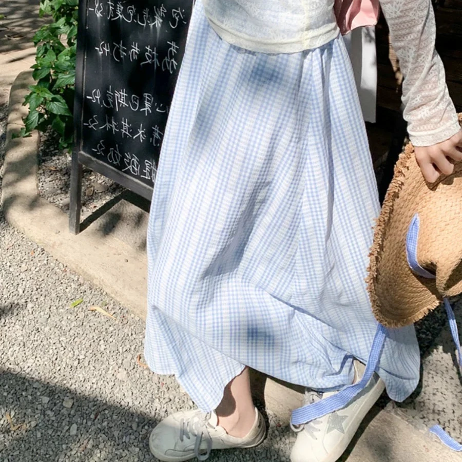 海风蓝格子半身长裙女盐系肌理感甜妹松紧高腰显瘦a字裙