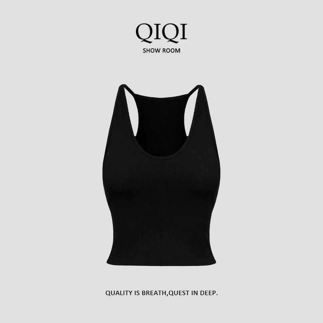 【QiQi】超舒适U领基础款罗纹运动带胸垫吊带挂脖通勤背心美背