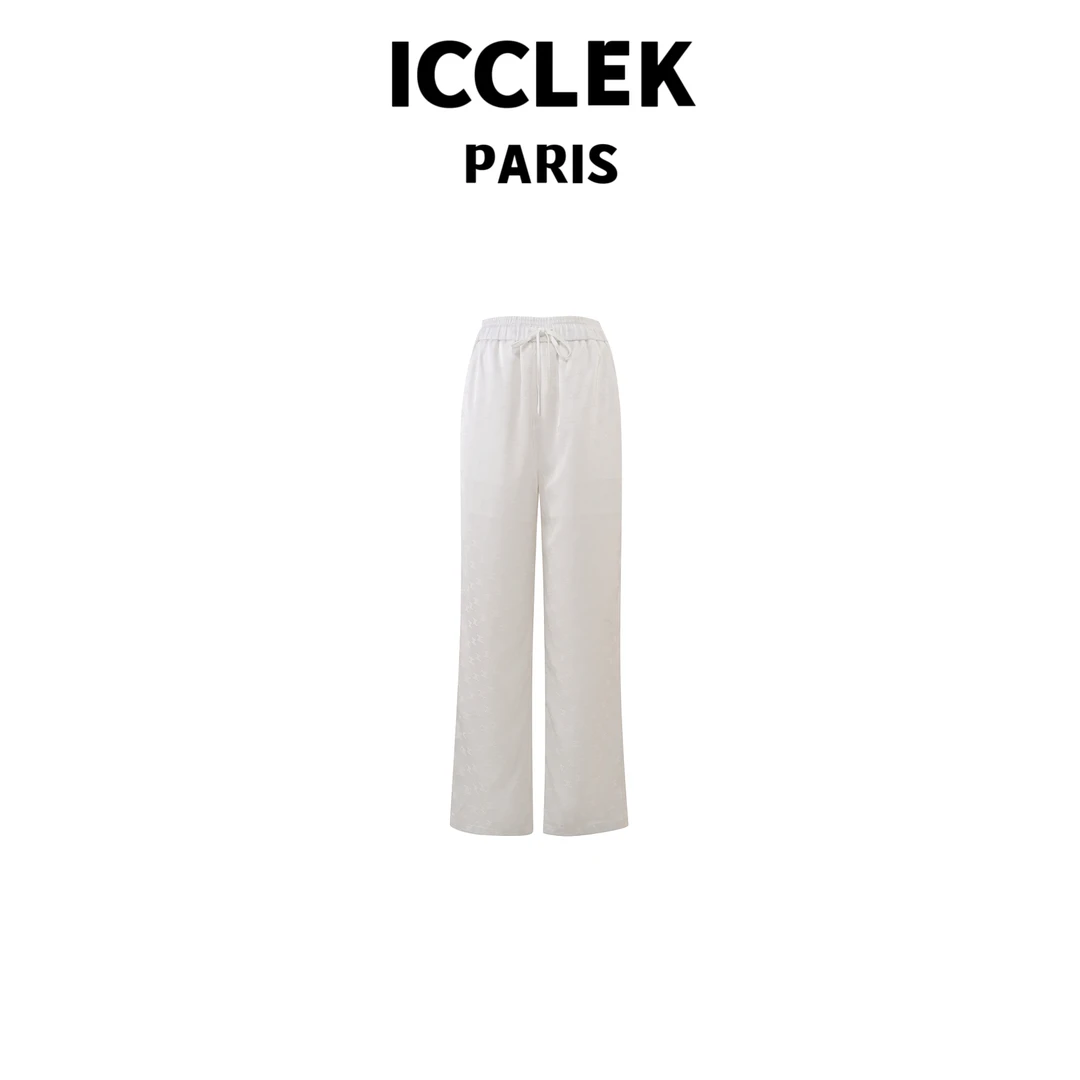 ICCLEK 白色女装松紧腰满印裤子经典宽松显瘦简约百搭休闲裤-5265
