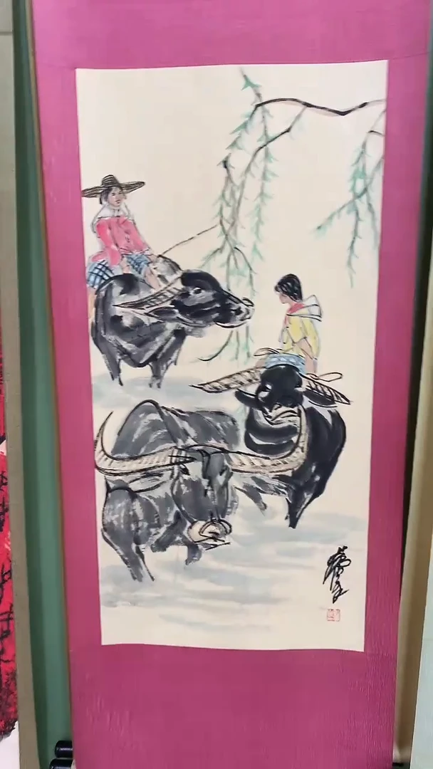 竖款精品三尺卷轴人物，牛