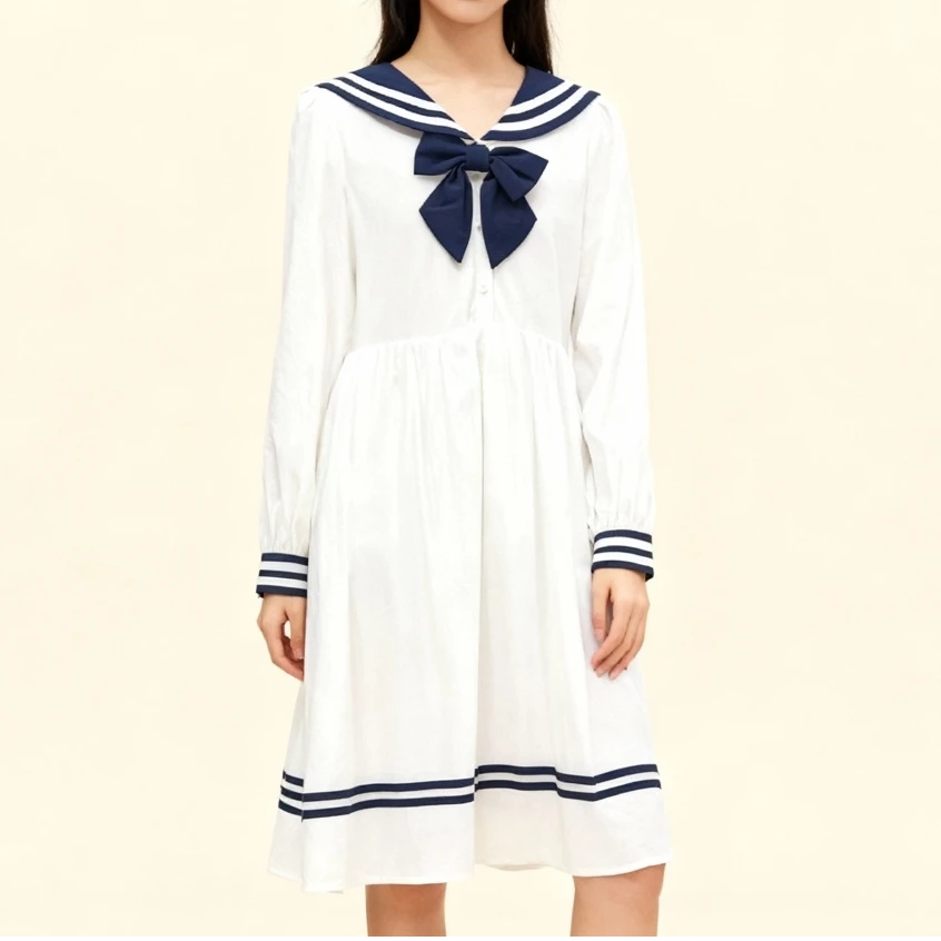 H3075春秋长袖时尚学生学院风条纹海军领连衣裙