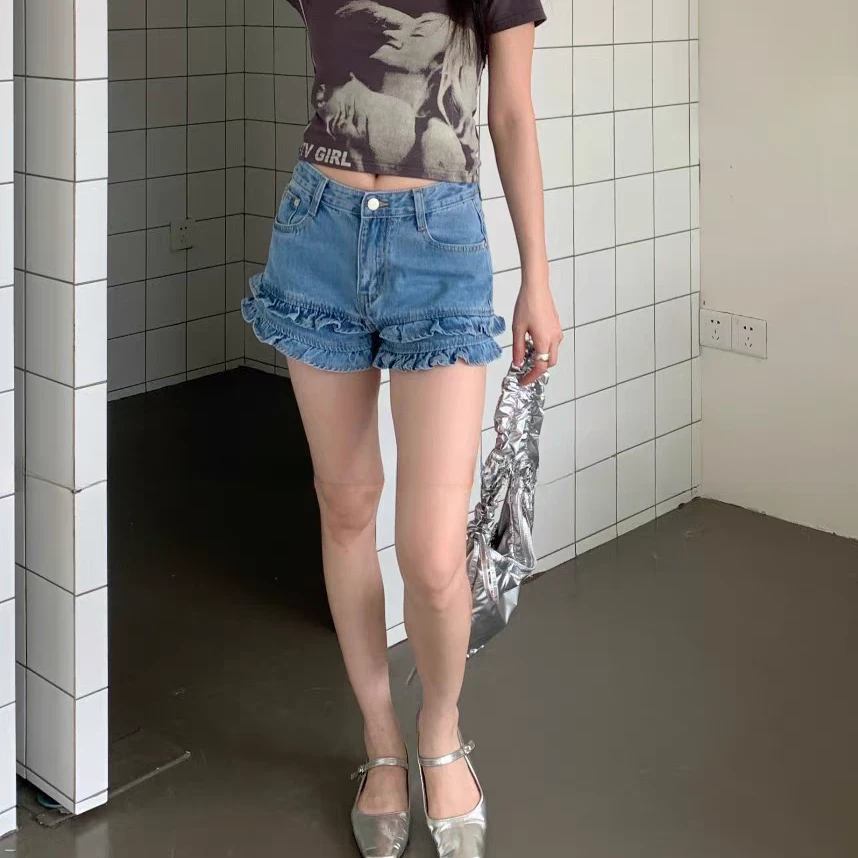 【奥莉】2025春夏：双层木耳荷叶边拼接A字牛仔裤短裤 018