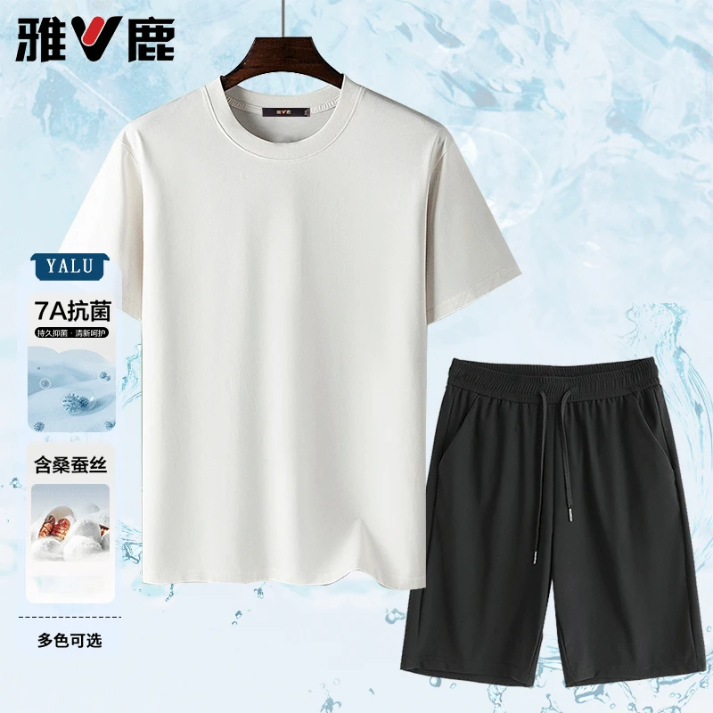 雅鹿夏季含桑蚕丝休闲短袖t恤加冰丝短裤组合装33911+DK01