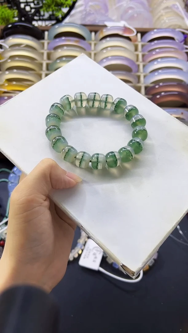 玛瑙/玉髓手镯未镶嵌13mm天然马料绿腰缠万贯聚宝盆