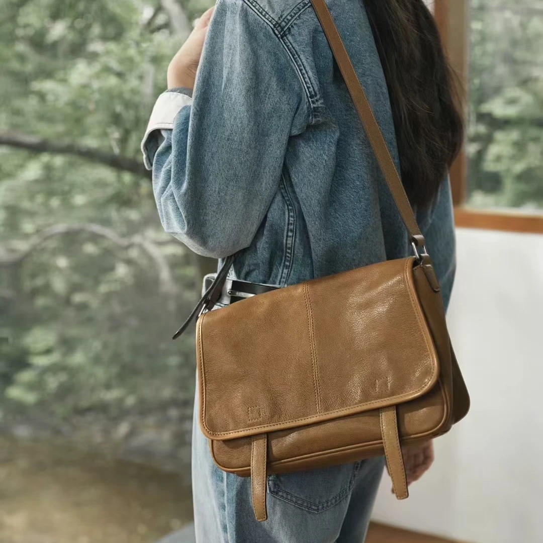 头层植鞣牛皮复古百搭邮差包斜挎包 sd1133