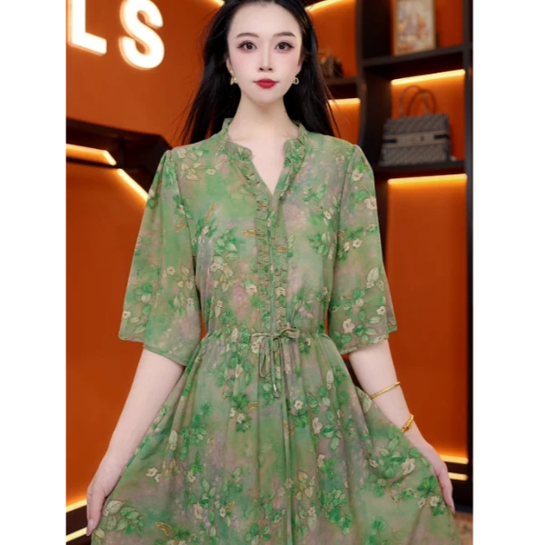 绿裥云垂-2025新款高档显瘦减龄连衣裙