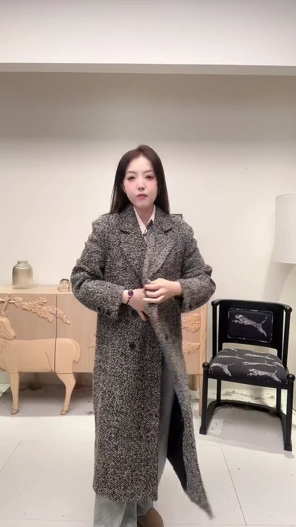 花灰色花纱经典长款羊毛大衣