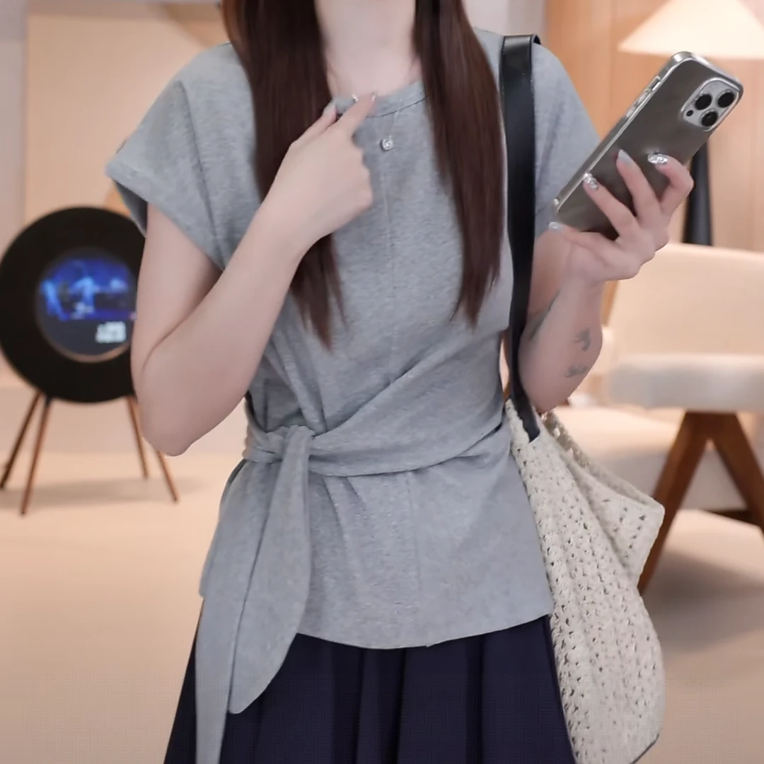 小心机绑带收腰短袖T恤女2025新款夏季时尚设计感休闲上衣百搭