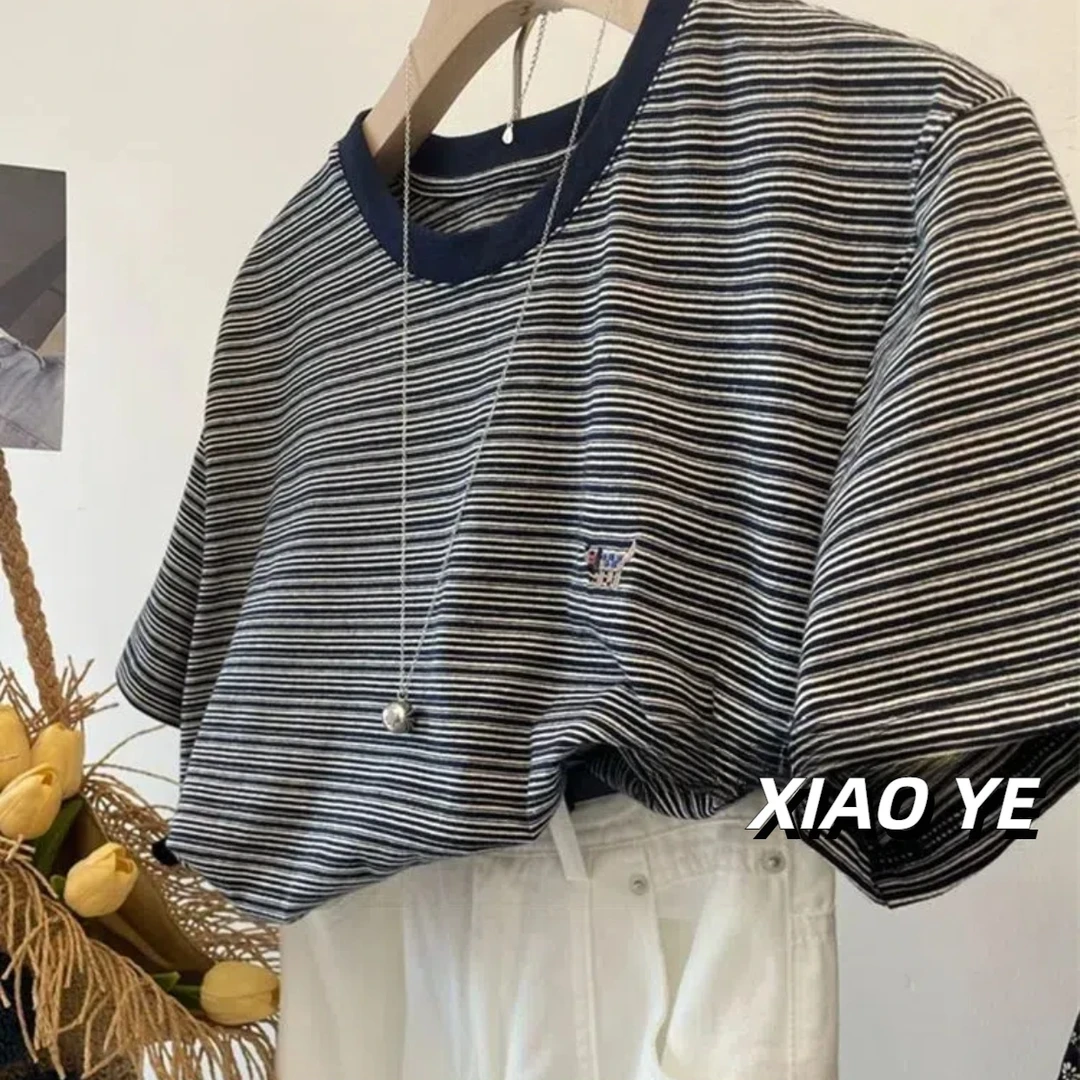 藏青色细条纹刺绣短袖t恤女夏季小众设计感胖mm大码宽松半袖上衣