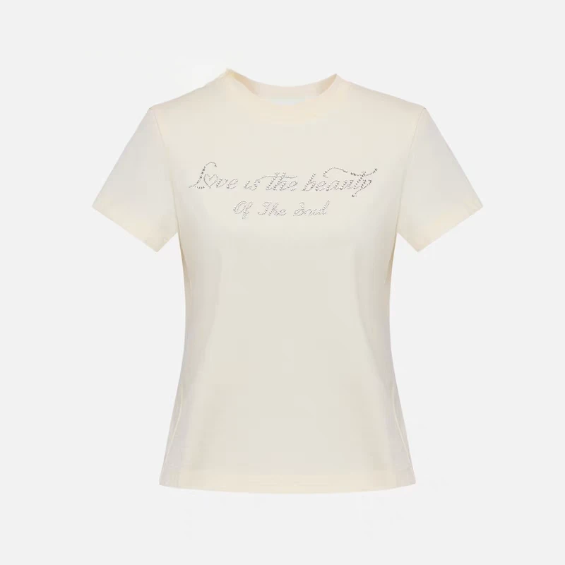 95819雅女装 纯棉字母烫钻修身短袖t恤 2025早春新款