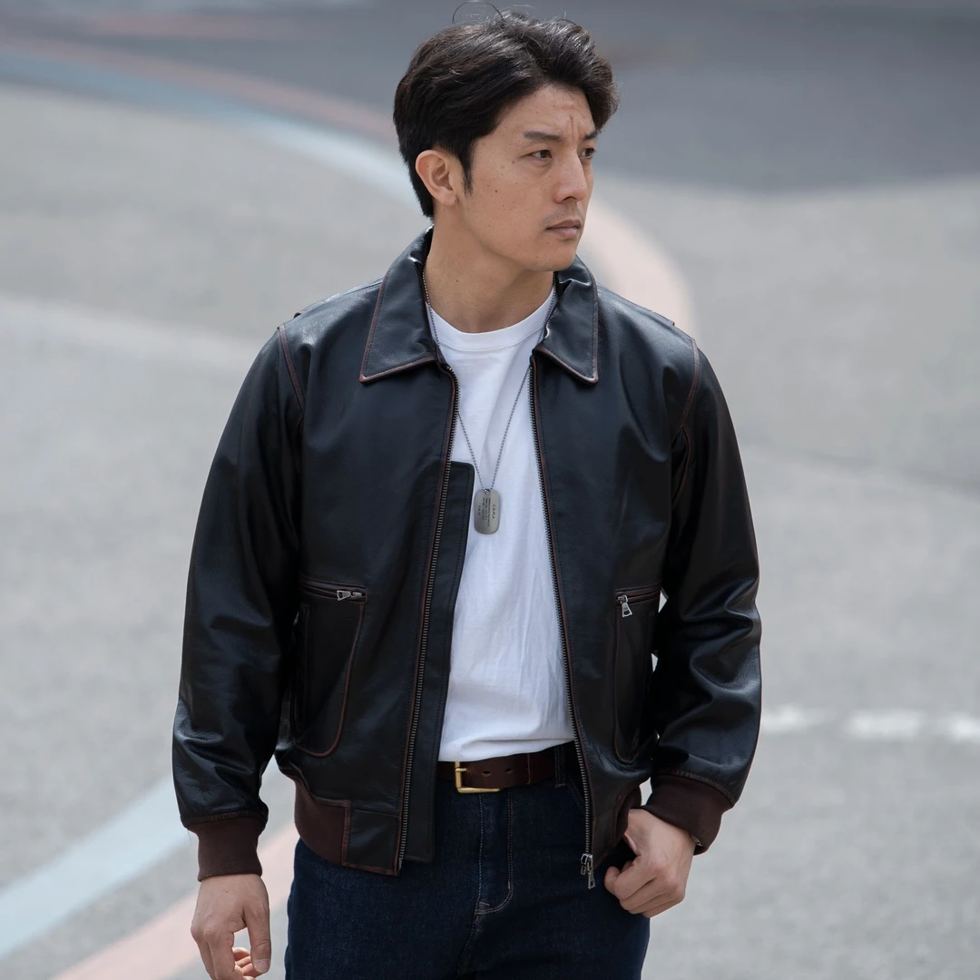 A2空军飞行服头层牛皮皮衣休闲短款黑色真皮美式经典复古皮夹克