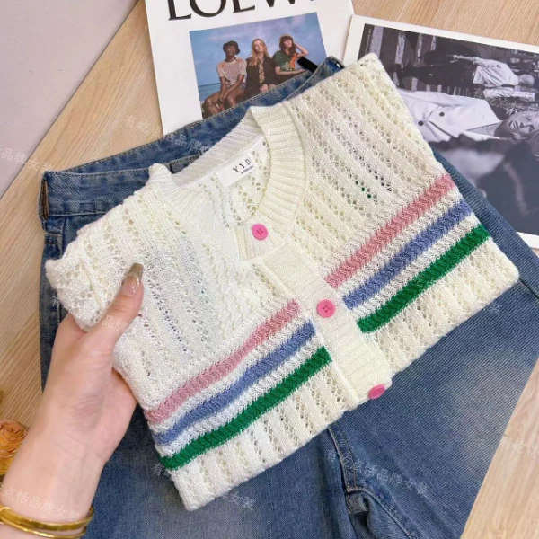 095欧货2025年春新款女装条纹花朵针织T恤高级感穿搭漂亮上衣夏