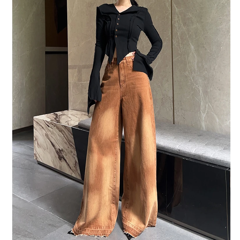 高级感棕色水洗磨白阔腿牛仔裤女春秋新款高腰宽松拖地裤子1112#