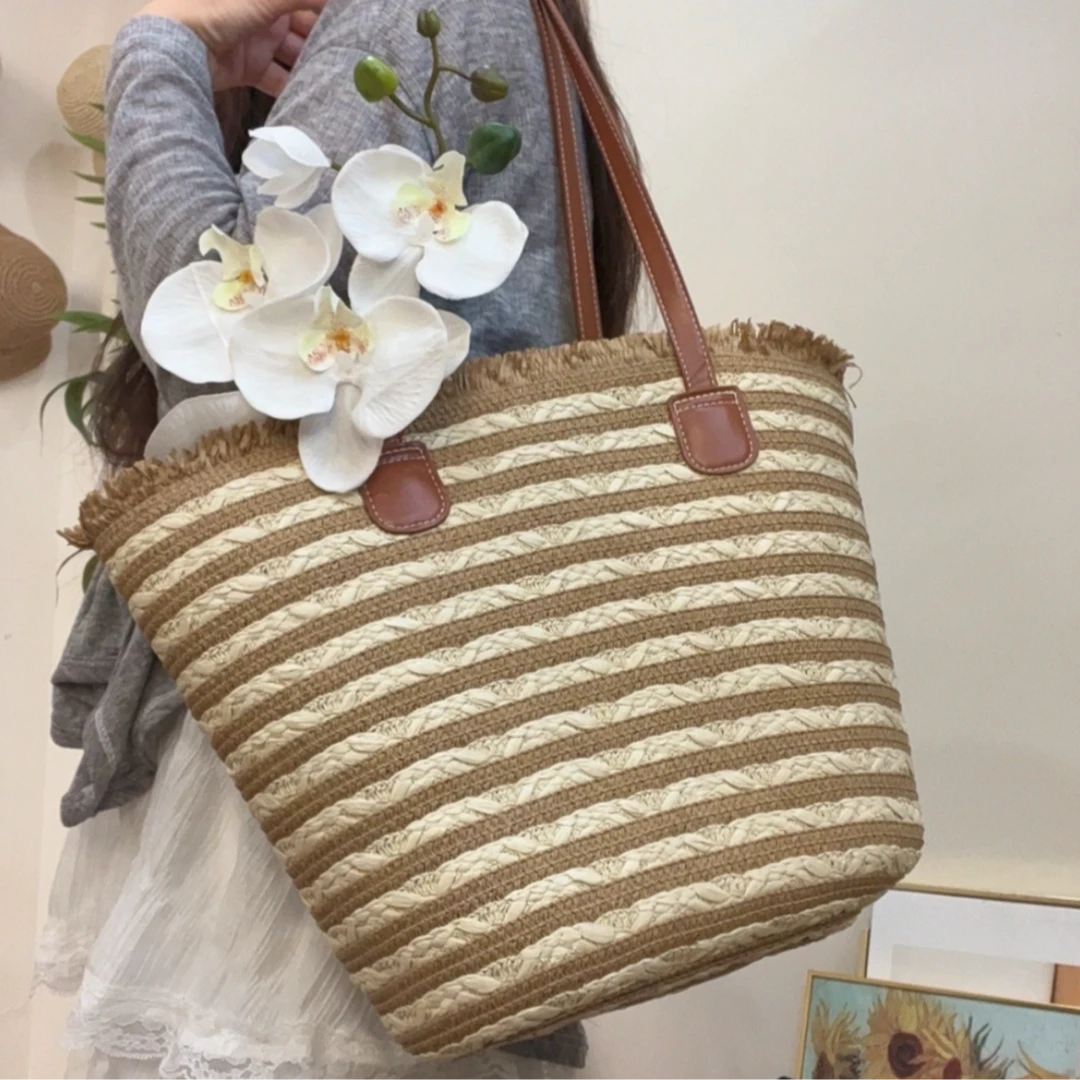 花瓣条纹编织手提包大容量草编托特包2024新款夏季海边度假包包女