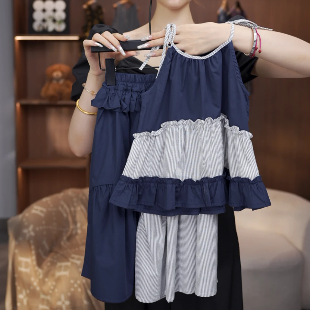 【有木】夏季新品女童套装韩版薄款夏季休闲设计感条纹长裤套装