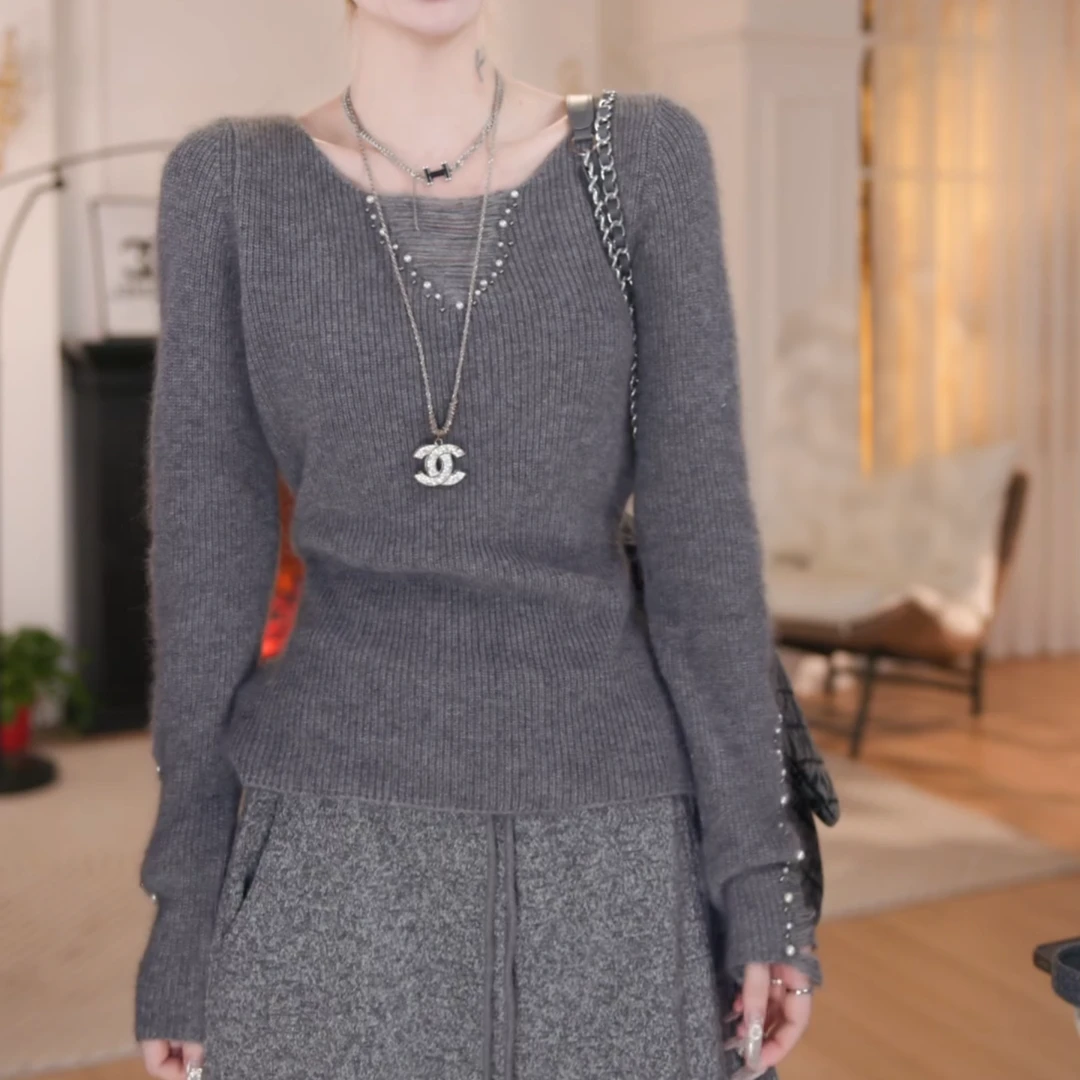 2025冬季新款重工钉珠厚针织衫时尚打底衫显瘦修身上衣LK2508153