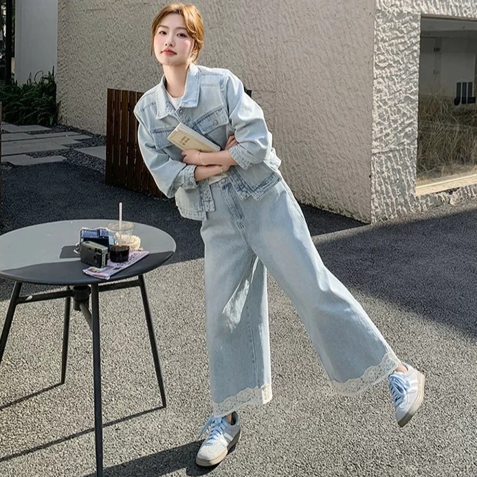 【运补】牛仔外套套装女2025新款韩系设计感蕾丝拼接阔腿裤两件套