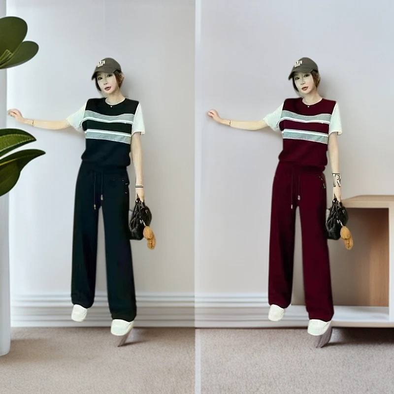 519时尚洋气拼接时尚百搭套装短袖显瘦气质休闲夏季运动减龄