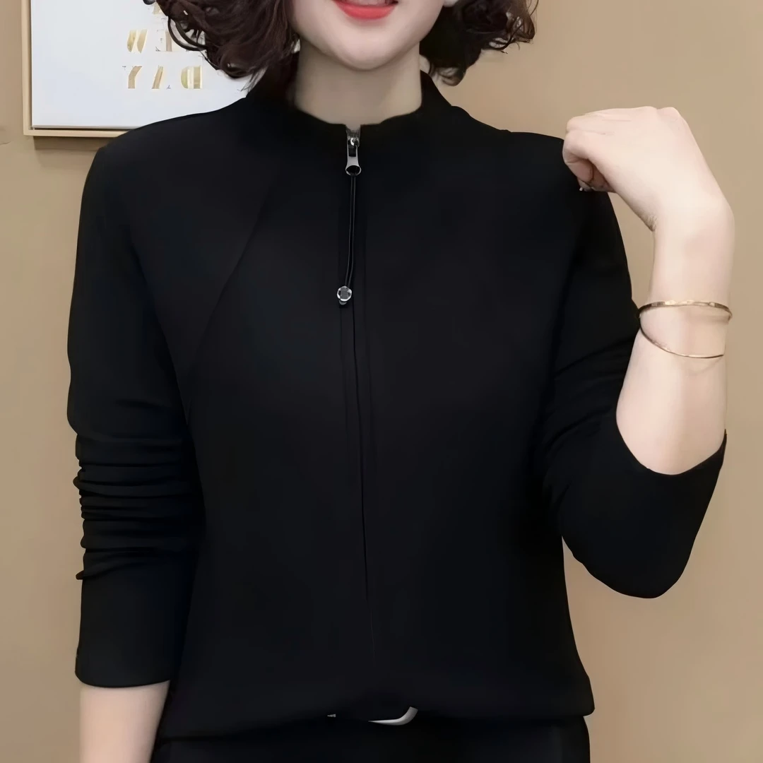 2024洋气半高领灰色拉链针织开衫女冬季新款上衣简约宽松磨毛外套