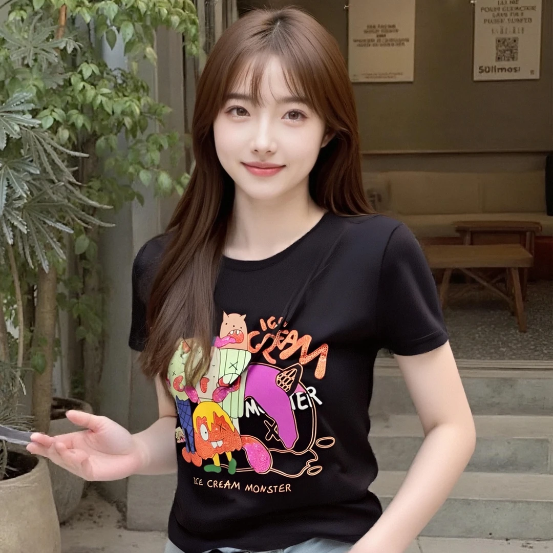 【冰淇淋】夏季新款短袖T恤女士上休闲印花镶钻宽松版圆领上衣黑色
