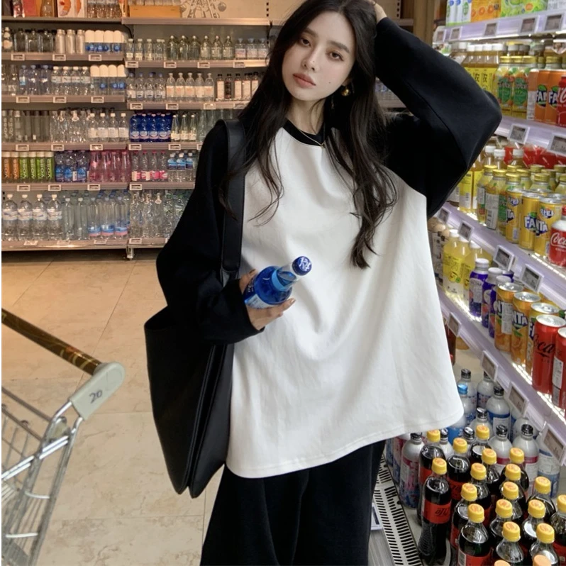美式复古插肩长袖t恤女2025春季新款黑白拼接撞色慵懒上衣设计感