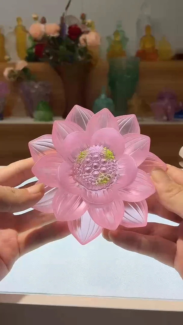 琉璃手工艺品粉色佛前莲花12公分