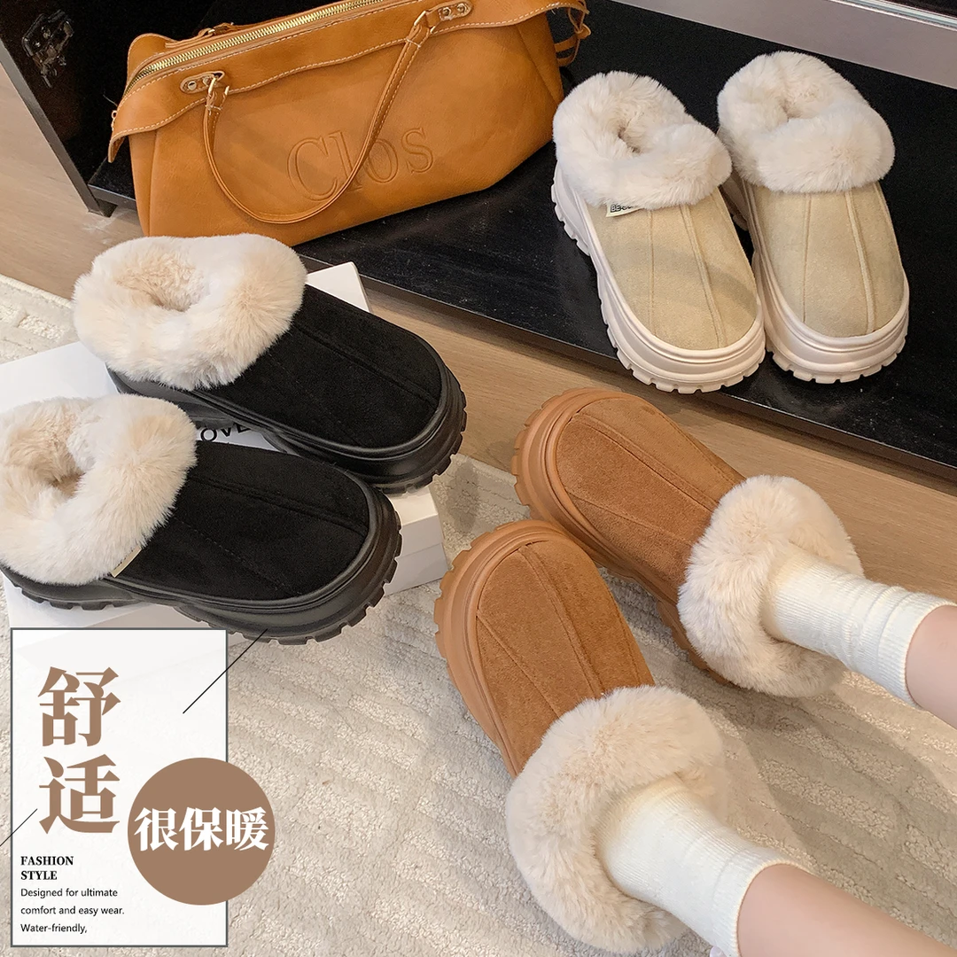 高跟雪地靴女款冬季包跟短筒一脚蹬2025新款外穿保暖加绒棉鞋