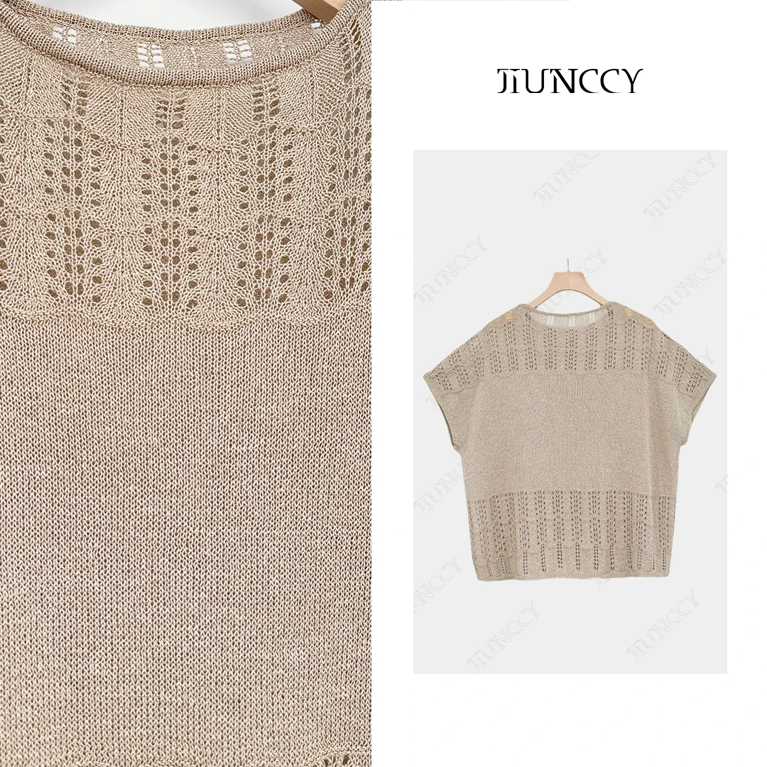 JIUNCCY【序曲】桑蚕丝天丝和纸纱拼镂空短袖针织衫上衣 52YZZ045