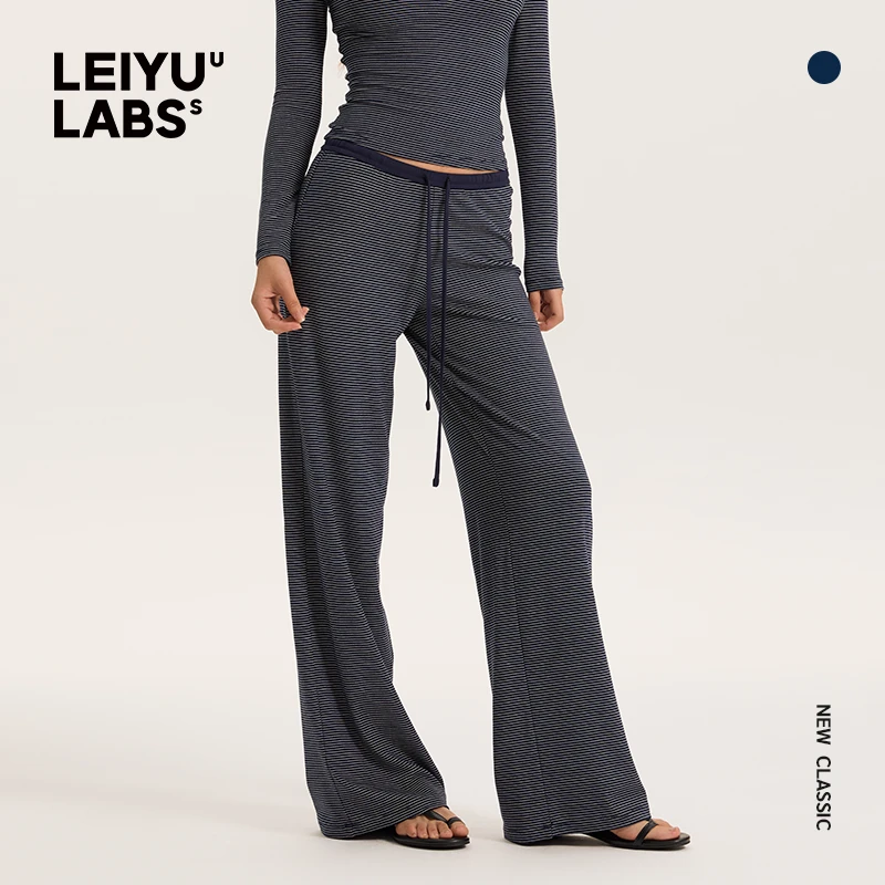 LEIYU LABS针织撞色条纹休闲直筒裤女秋抽绳宽松显瘦阔腿长裤
