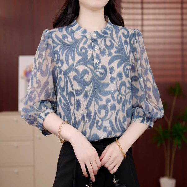 青花映雪2025新款夏季女士复古轻奢减龄百搭宽松气质衬衫Ja141