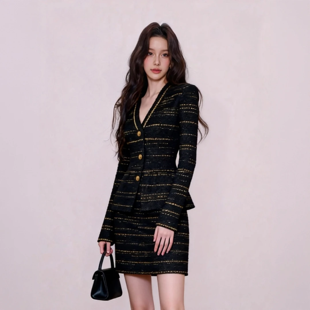 法式V领上衣套装女2026春秋新款复古小香风外套上衣半身裙两件套