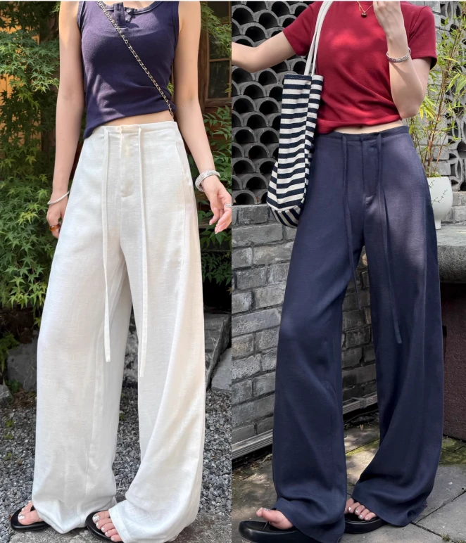 白色天丝亚麻阔腿裤女夏薄款透气休闲裤老钱垂感直筒裤显瘦宽松